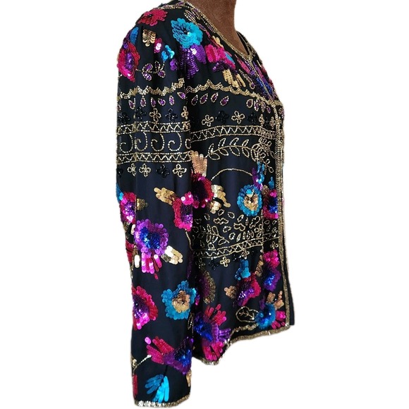 Drapers & Damons Silk Jacket Sequins Size‎ M Colorful Gold Beaded Vintage 90s - Picture 2 of 8